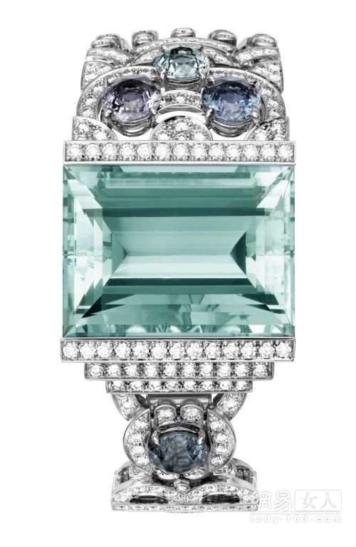 卡地亚高级珠宝手镯铂金，海蓝宝石，尖晶石，梨形切割钻石，明亮式切割钻石。